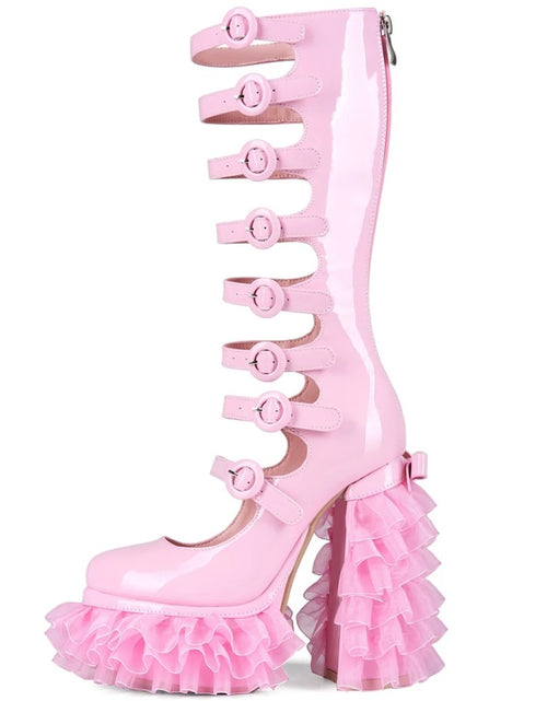 Load image into Gallery viewer, Cut Out Knee High Boots Women Buckle Thick Laced Platform Chunky Heels Back Zipper Long Patent Boots
