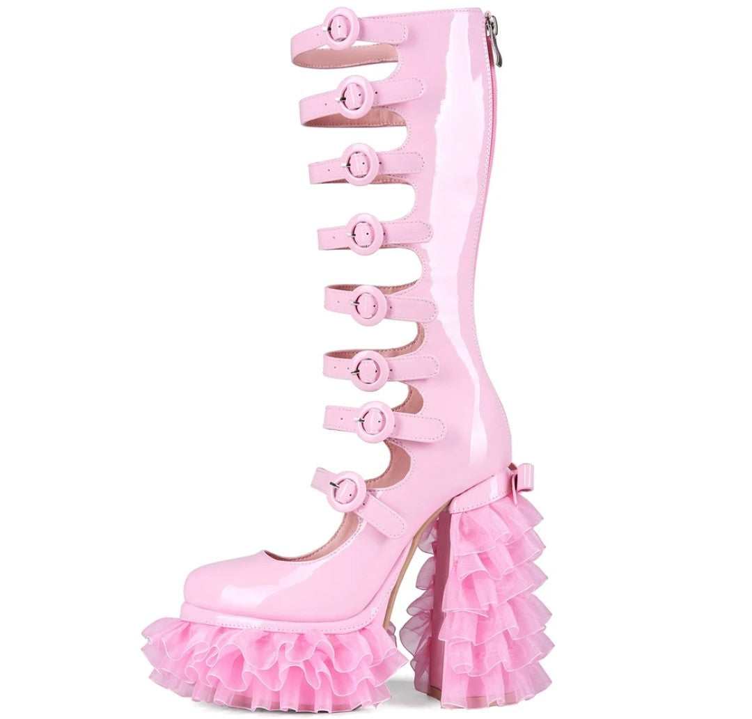 Cut Out Knee High Boots Women Buckle Thick Laced Platform Chunky Heels Back Zipper Long Patent Boots