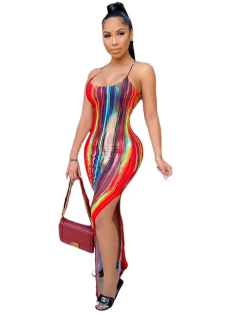 Load image into Gallery viewer, (Tariffs included in price) Summer dress features a color-blocking tie-dye print, crafted from eco-friendly and anti-wrinkle spandex material with a sleeveless silhouette and straight hem.
