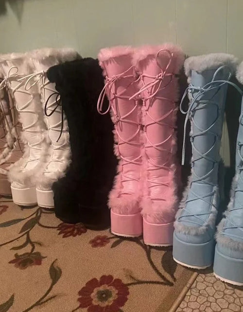 Load image into Gallery viewer, (Free Shipping) Women's Western Thick Chunky Heels Long Lace Up Furry Round Toe Platform Knee High Boots
