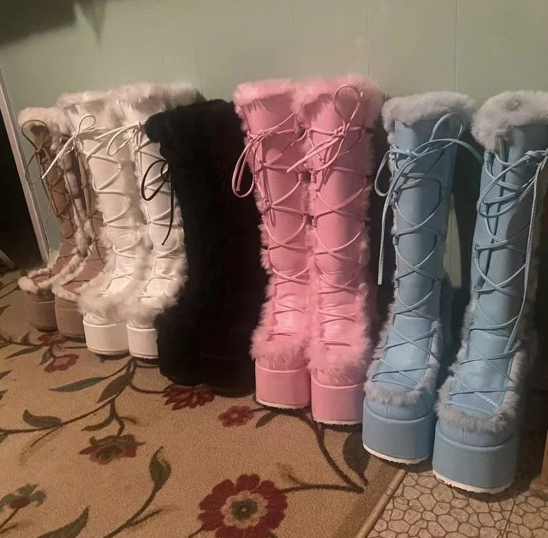 (Free Shipping) Women's Western Thick Chunky Heels Long Lace Up Furry Round Toe Platform Knee High Boots
