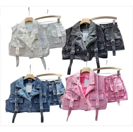 (Free Shipping) Women's denim clothes set vest and mini pocket skirt two-piece set for women denim cargo set