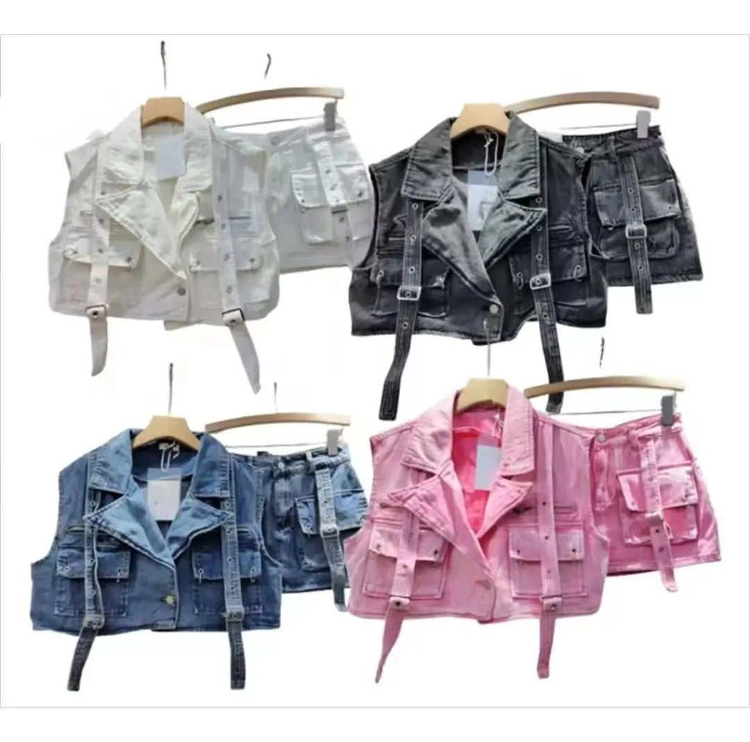 (Free Shipping) Women's denim clothes set vest and mini pocket skirt two-piece set for women denim cargo set
