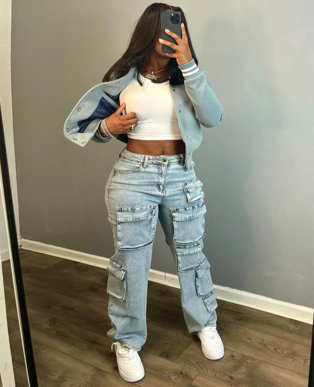 (Free Shipping)(Tariffs included in price) Latest design cargo women's denim pants multi 3D pockets ladies jeans trousers wide leg Streetwear