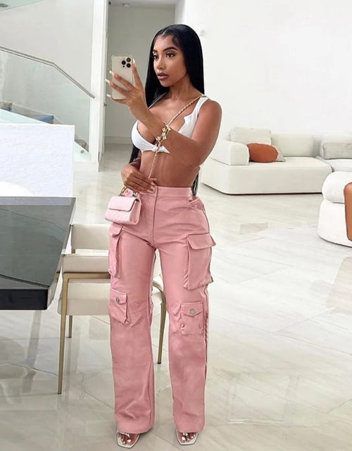 Load image into Gallery viewer, (Free Shipping)(Tariffs included in price) Women's cargo pants and trouser pu leather sweatpants track ladies joggers long pants fall winter with pockets
