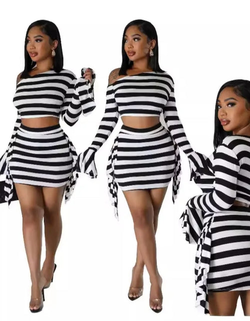 Load image into Gallery viewer, (Free Shipping)(Tariffs included in price) New Shoulder Flare Sleeve Fringe Skirt Black and White Stripe Two-piece Set
