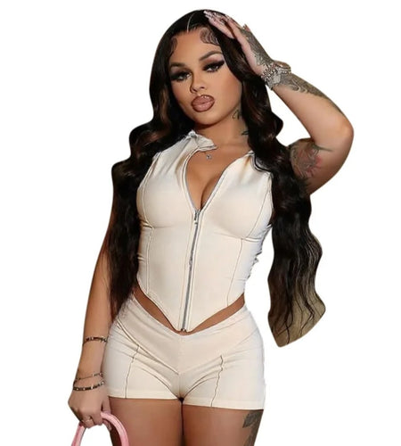 (Free Shipping)(Tariffs included in price) Womens high waist cropped sleeveless two piece short set spring summer solid casual skinny zipper turn collar