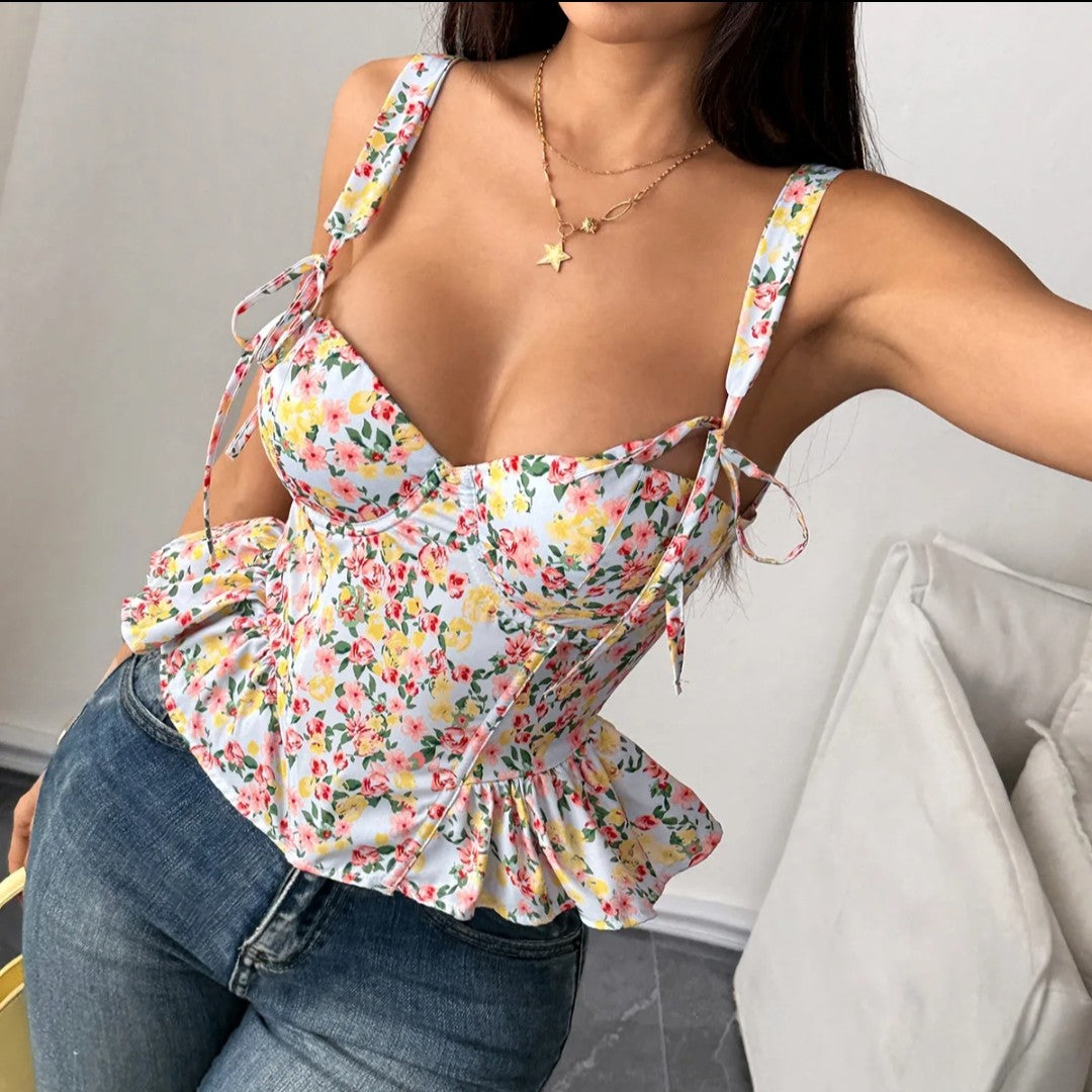 (Free Shipping)(Tariffs included in price) Floral Print Adjustable Corset Top Boned Bustier Lace-up with Removable padding Corset