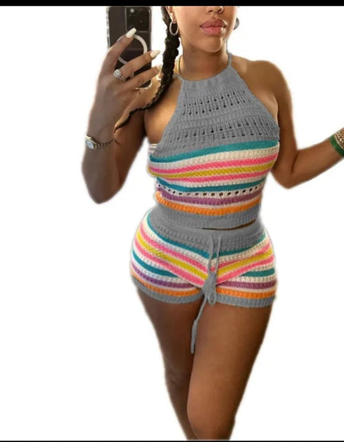 Load image into Gallery viewer, (Free Shipping)(Tariffs included in price) Summer 2Pcs for Women Striped Sleeveless Top &amp; Drawstring High Waist Shorts Set
