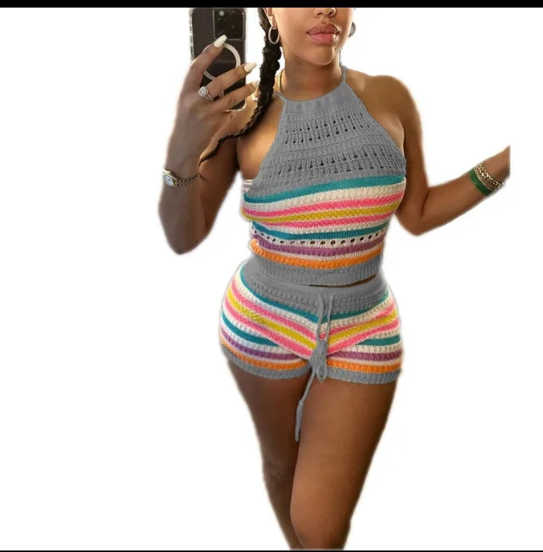 (Free Shipping)(Tariffs included in price) Summer 2Pcs for Women Striped Sleeveless Top & Drawstring High Waist Shorts Set