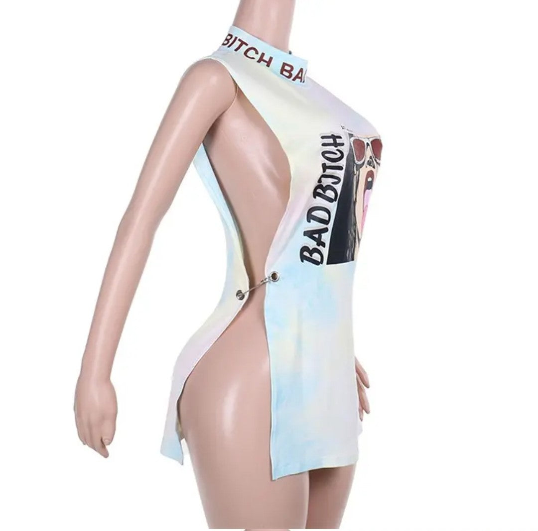 (Free Shipping)(Tariffs included in price) HigH Neck Letter Print Sexy Hollow Sleeveless Tank Dress Spicy Girl Loose T-shirt For Women