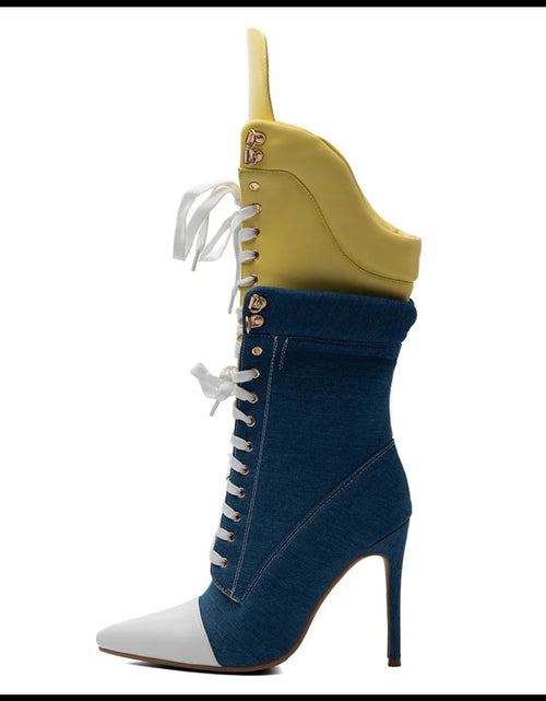 Load image into Gallery viewer, (Free Shipping) Sports Style Women's Jean Stiletto High- Heel Boots Lace Up Blue Yellow Patchwork Denim

