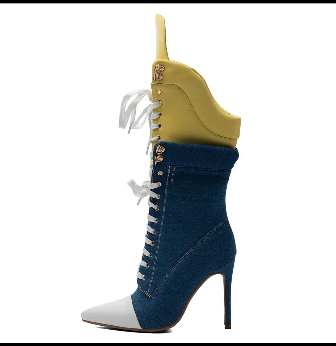 (Free Shipping) Sports Style Women's Jean Stiletto High- Heel Boots Lace Up Blue Yellow Patchwork Denim