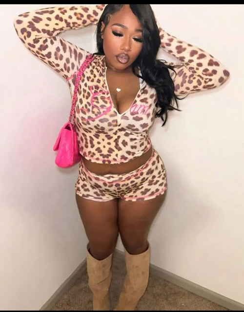 Load image into Gallery viewer, (Free Shipping)(Tariffs included in price) Sporty Leopard Print Women Tracksuit 2piece Set Hooded Jacket+Biker Shorts
