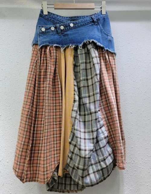 Load image into Gallery viewer, (Free Shipping)(Tariffs included in price) Irregular High Waist Casual Jean Plaid Skirt Women Long Denim Skirt
