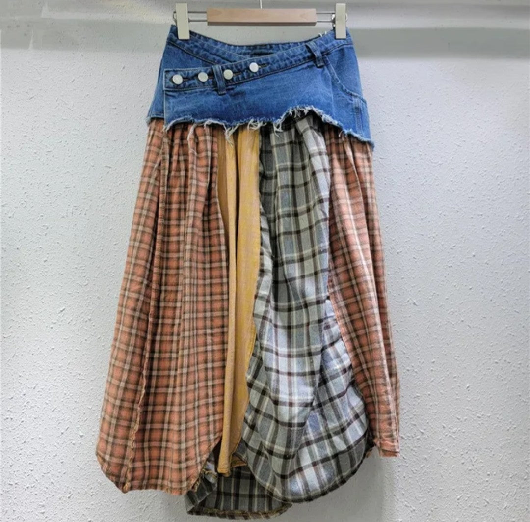 (Free Shipping)(Tariffs included in price) Irregular High Waist Casual Jean Plaid Skirt Women Long Denim Skirt
