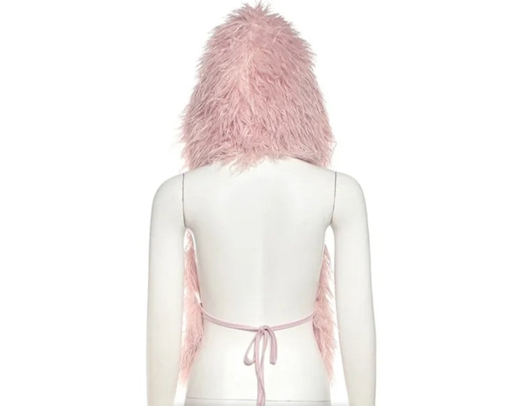 (Free Shipping)(Tariffs included in price) 2025 Fall Winter Fuax Fur Hooded Vests Coat Women Fashion Sleeveless Backless Furry Warm Outwear Tops