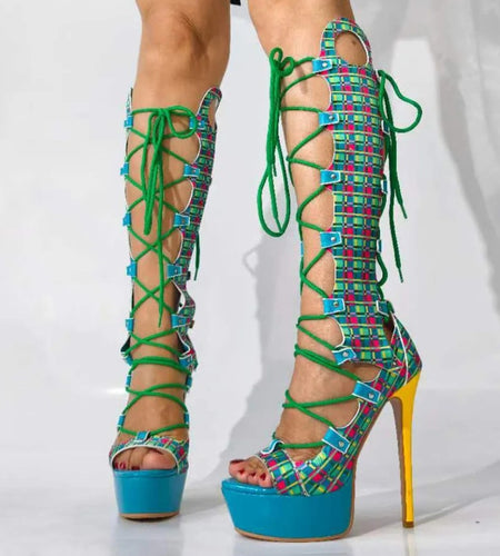(Free Shipping) Summer Peep Toe Plaid Print Platform Knee High Boots Women's Lace Up Sandals High Heeled Long Cut Out