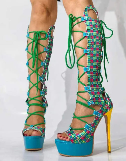 Load image into Gallery viewer, (Free Shipping) Summer Peep Toe Plaid Print Platform Knee High Boots Women's Lace Up Sandals High Heeled Long Cut Out
