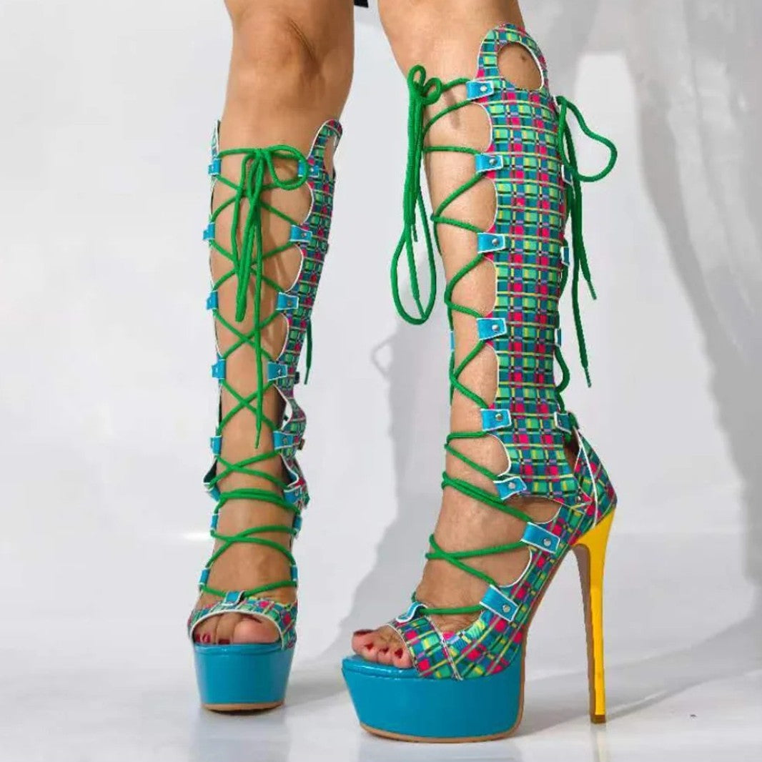 (Free Shipping) Summer Peep Toe Plaid Print Platform Knee High Boots Women's Lace Up Sandals High Heeled Long Cut Out