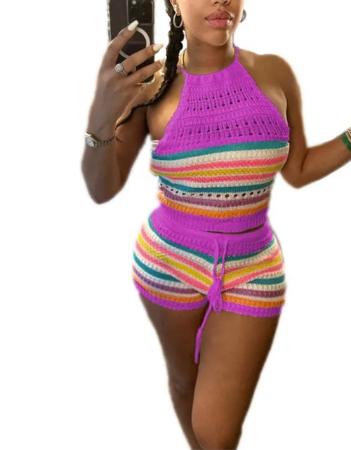 Load image into Gallery viewer, (Free Shipping)(Tariffs included in price) Summer 2Pcs for Women Striped Sleeveless Top &amp; Drawstring High Waist Shorts Set
