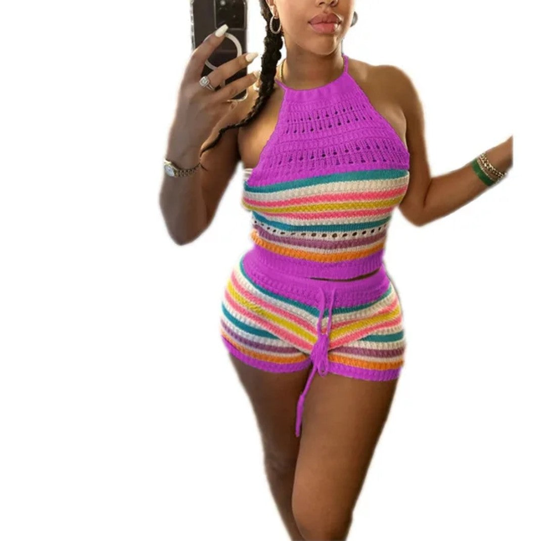 (Free Shipping)(Tariffs included in price) Summer 2Pcs for Women Striped Sleeveless Top & Drawstring High Waist Shorts Set