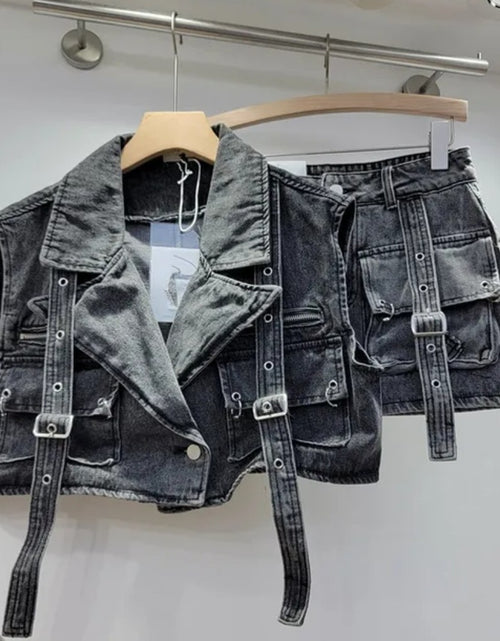 Load image into Gallery viewer, (Free Shipping) Women's denim clothes set vest and mini pocket skirt two-piece set for women denim cargo set
