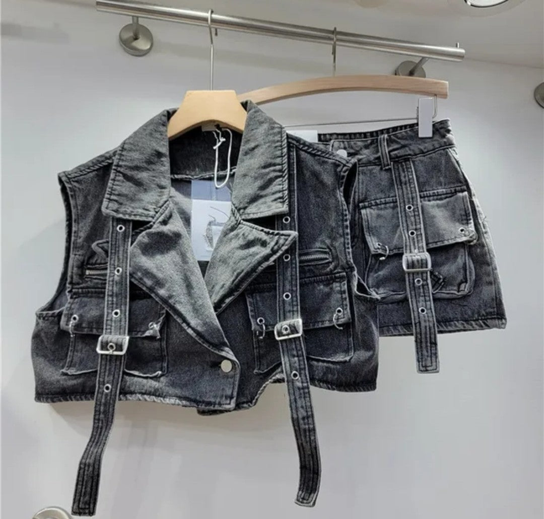 (Free Shipping) Women's denim clothes set vest and mini pocket skirt two-piece set for women denim cargo set