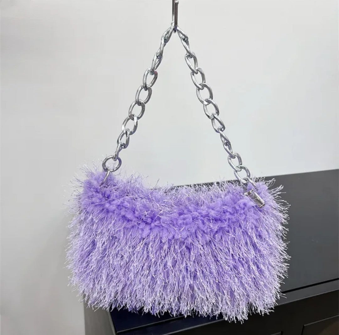 (Free Shipping) Plush Women's Hobos Underarm Bag Hot Girls Furry Clutch Shoulder Bag Luxury Faux Fur Female Fluffy Armpit Handbag