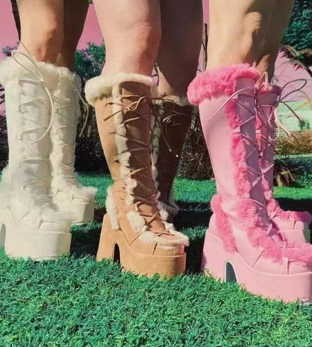 (Free Shipping) Women's Western Thick Chunky Heels Long Lace Up Furry Round Toe Platform Knee High Boots