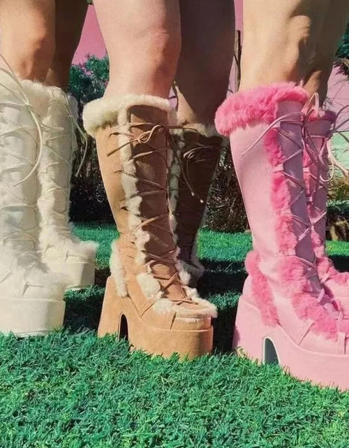 Load image into Gallery viewer, (Free Shipping) Women's Western Thick Chunky Heels Long Lace Up Furry Round Toe Platform Knee High Boots
