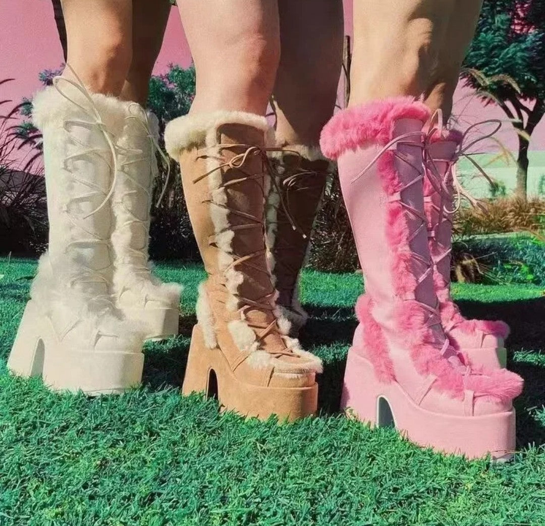 (Free Shipping) Women's Western Thick Chunky Heels Long Lace Up Furry Round Toe Platform Knee High Boots