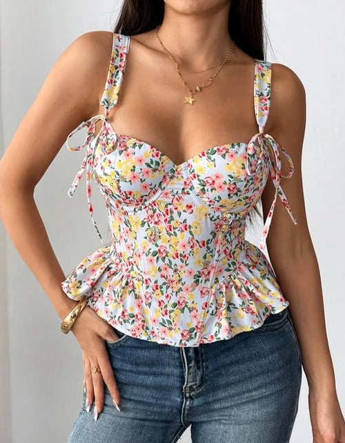 Load image into Gallery viewer, (Free Shipping)(Tariffs included in price) Floral Print Adjustable Corset Top Boned Bustier Lace-up with Removable padding Corset
