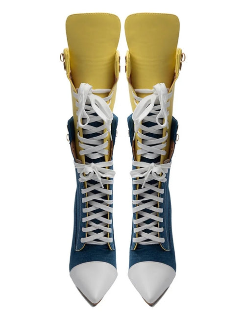 Load image into Gallery viewer, (Free Shipping) Sports Style Women's Jean Stiletto High- Heel Boots Lace Up Blue Yellow Patchwork Denim
