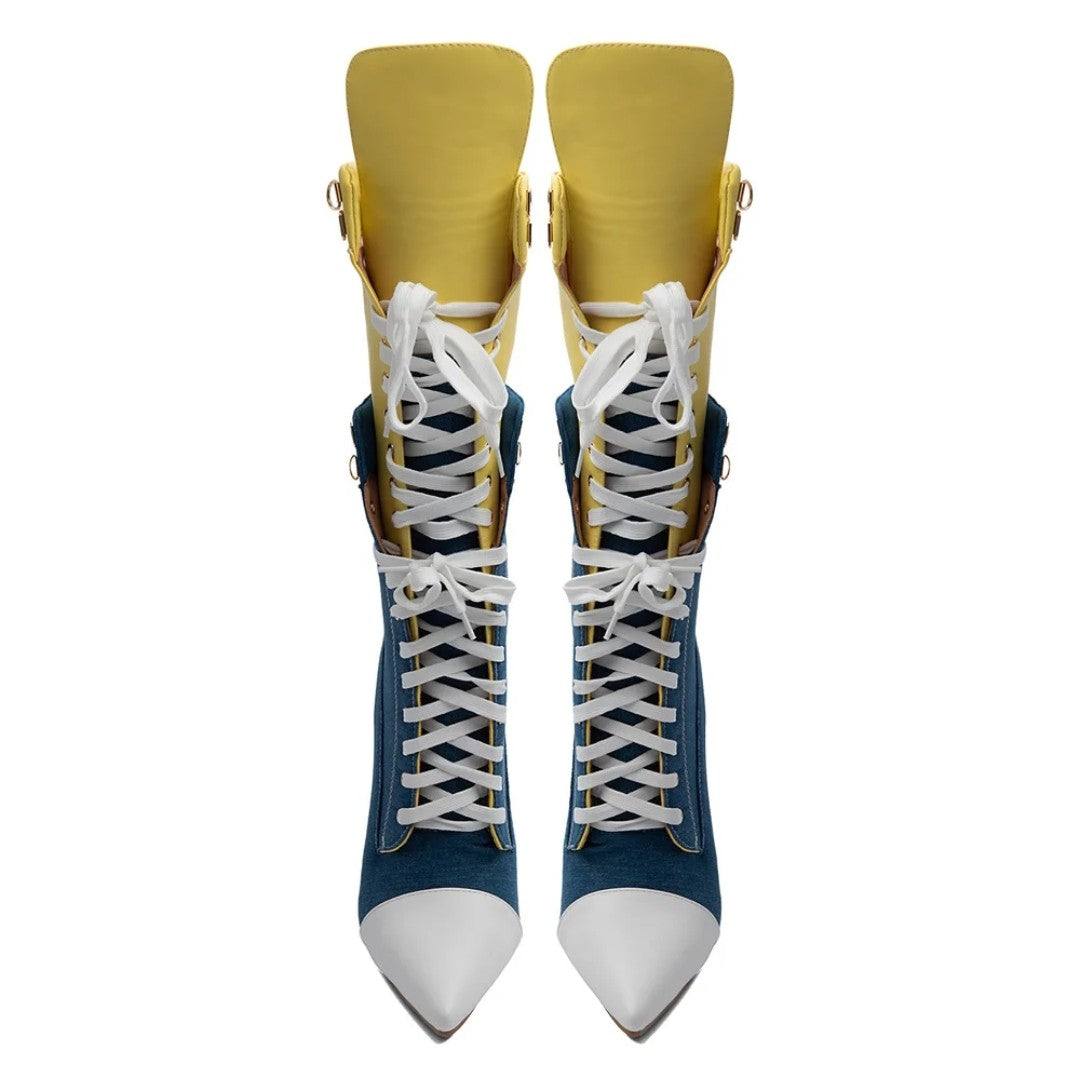 (Free Shipping) Sports Style Women's Jean Stiletto High- Heel Boots Lace Up Blue Yellow Patchwork Denim