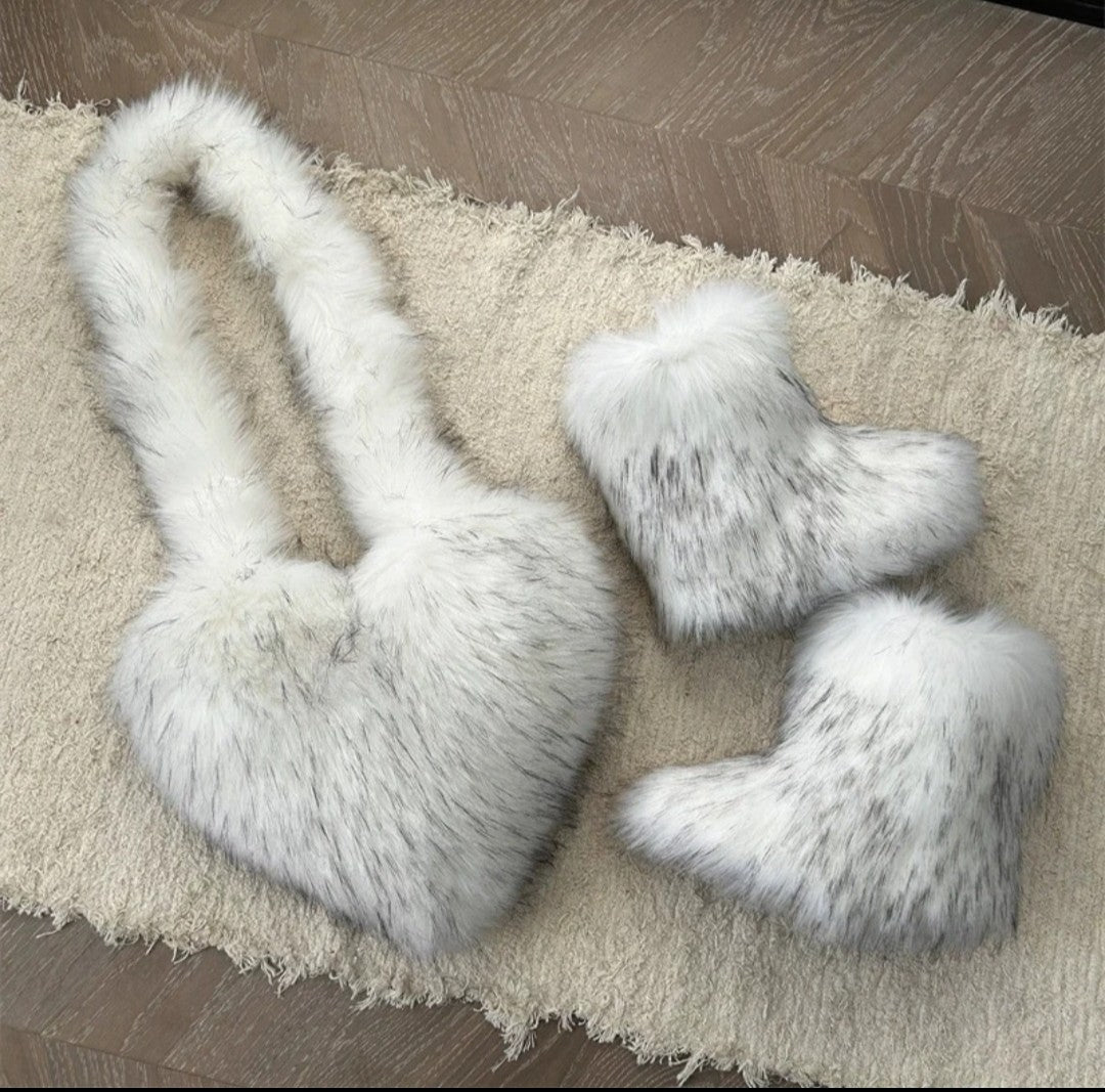 (Free Shipping)(Tariffs included in price) Fashion Forward Fur Shoulder Handbags Spicy Girls Faux Fur Boots and Bag Set Women Purse Furry Boots Matching Set