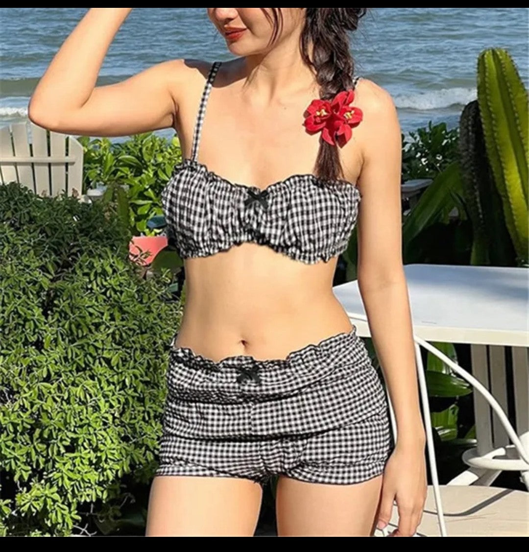 (Free Shipping)(Tariffs included in price) Plaid 2 Piece Beach Set Elastic Camisole+Ruched Shorts