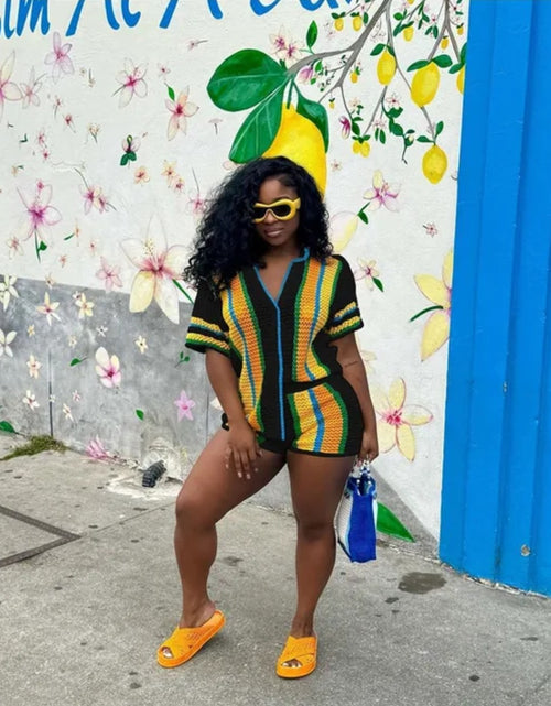 Load image into Gallery viewer, (Free Shipping)(Tariffs included in price) Women's Set Striped Knitted Short Sleeve Button Shirt and Shorts
