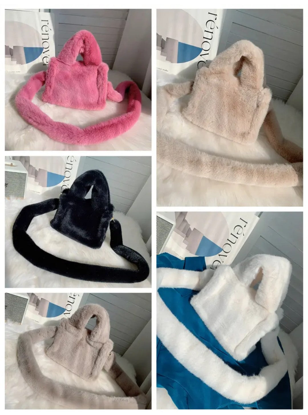 (Free Shipping) Women's Soft Plush Hand Bag Solid Color Tote Female Large Capacity Fur Underarm Bags Furry Fluffy Shoulder Crossbody Bag