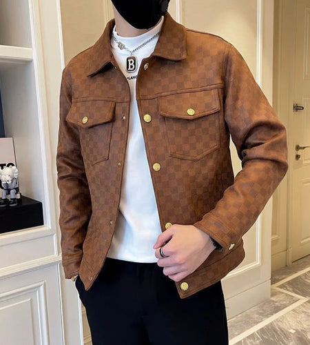 (Free Shipping)(Tariffs included in price)Autumn Winter Suede Plaid Jacket for Men Lapel Slim Fit Casual Business Bomber Jacket Social Streetwear Windbreaker Coat