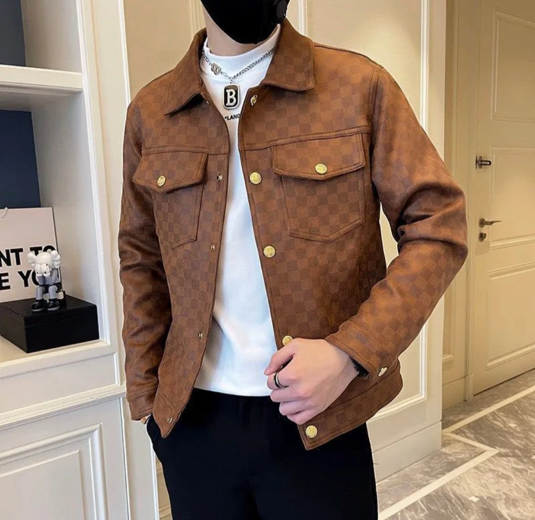 (Free Shipping)(Tariffs included in price)Autumn Winter Suede Plaid Jacket for Men Lapel Slim Fit Casual Business Bomber Jacket Social Streetwear Windbreaker Coat