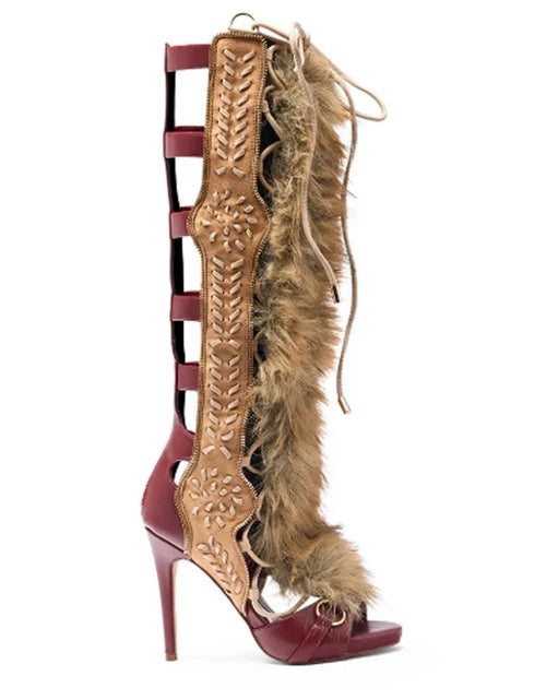 Load image into Gallery viewer, (Free Shipping) Furry High Heeled Open Pointed Toe Lace Up Hollow Stiletto Boots
