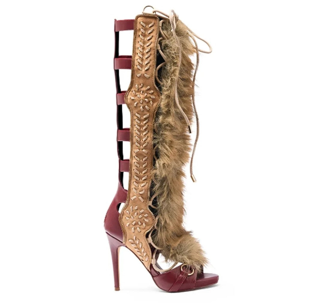 (Free Shipping) Furry High Heeled Open Pointed Toe Lace Up Hollow Stiletto Boots