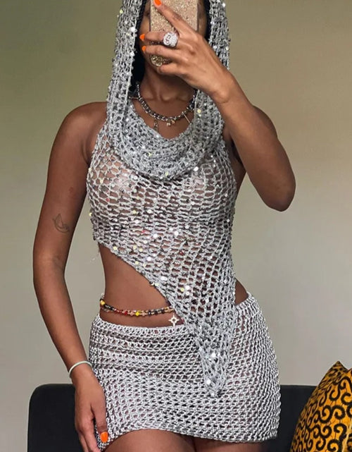 Load image into Gallery viewer, (Free Shipping)(Tariffs included in price) Hooded Knit sequins 2 Piece Set halter top and shorts. Made from a breathable polyester and cotton blend.
