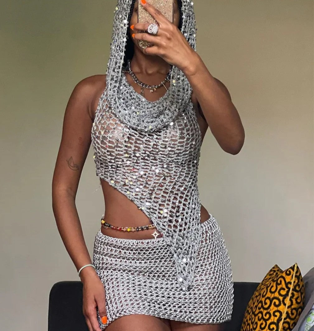 (Free Shipping)(Tariffs included in price) Hooded Knit sequins 2 Piece Set halter top and shorts. Made from a breathable polyester and cotton blend.