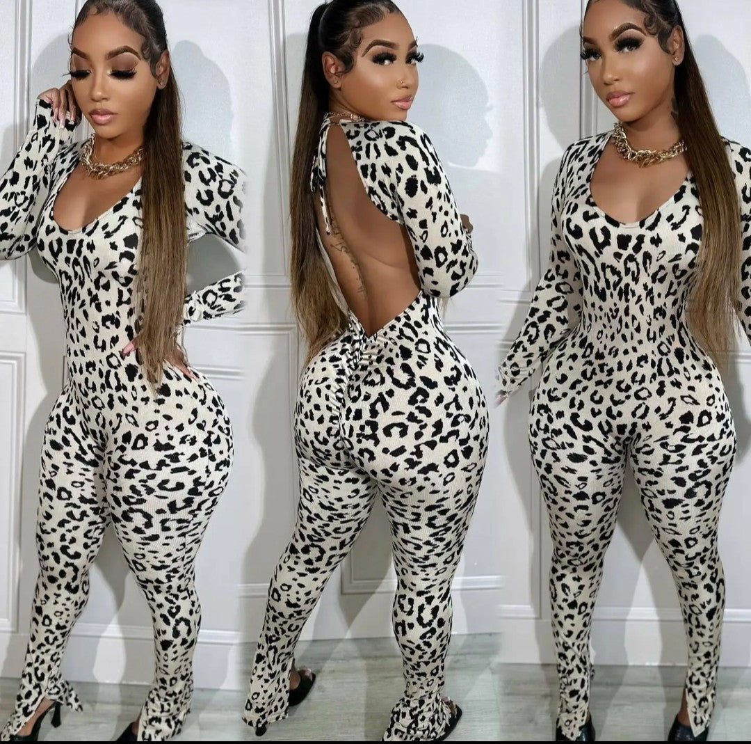 (Free Shipping)(Tariffs included in price)Sexy Backless Lace up Leopard Bodycon Jumpsuits Women O Neck Long Sleeve Skinny Pants One Piece Playsuits Fashion Overall Romper