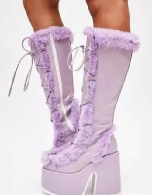 Load image into Gallery viewer, (Free Shipping) Women's Western Thick Chunky Heels Long Lace Up Furry Round Toe Platform Knee High Boots
