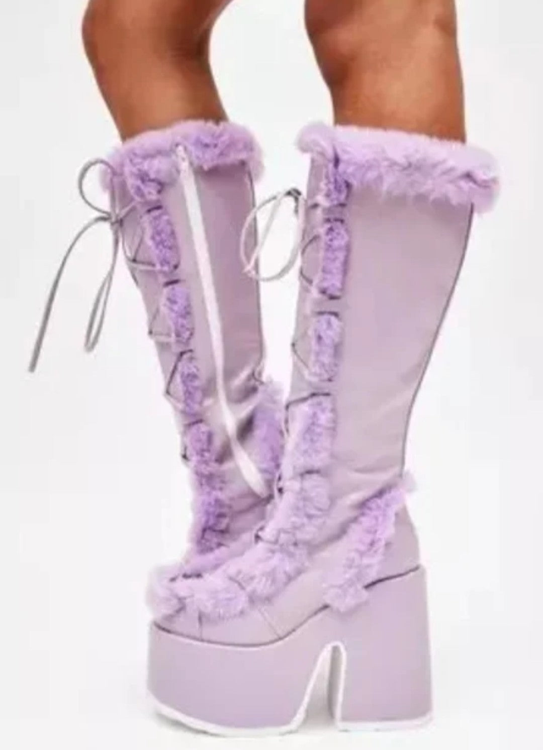 (Free Shipping) Women's Western Thick Chunky Heels Long Lace Up Furry Round Toe Platform Knee High Boots