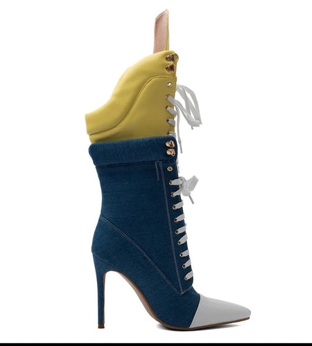 (Free Shipping) Sports Style Women's Jean Stiletto High- Heel Boots Lace Up Blue Yellow Patchwork Denim