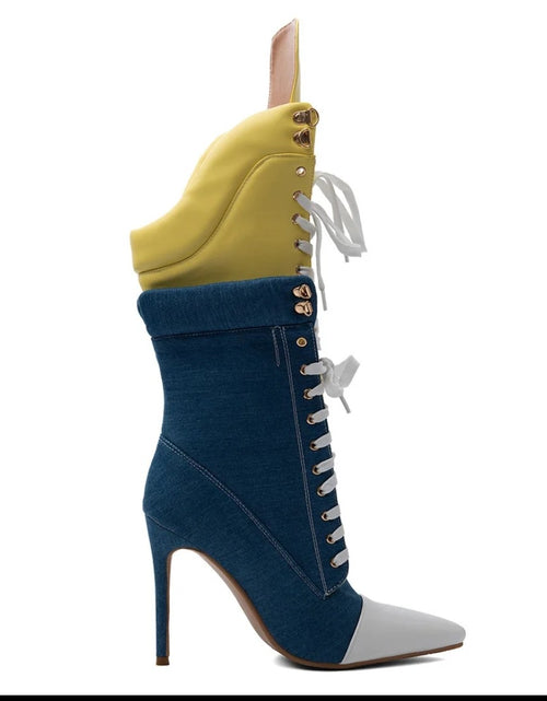 Load image into Gallery viewer, (Free Shipping) Sports Style Women's Jean Stiletto High- Heel Boots Lace Up Blue Yellow Patchwork Denim
